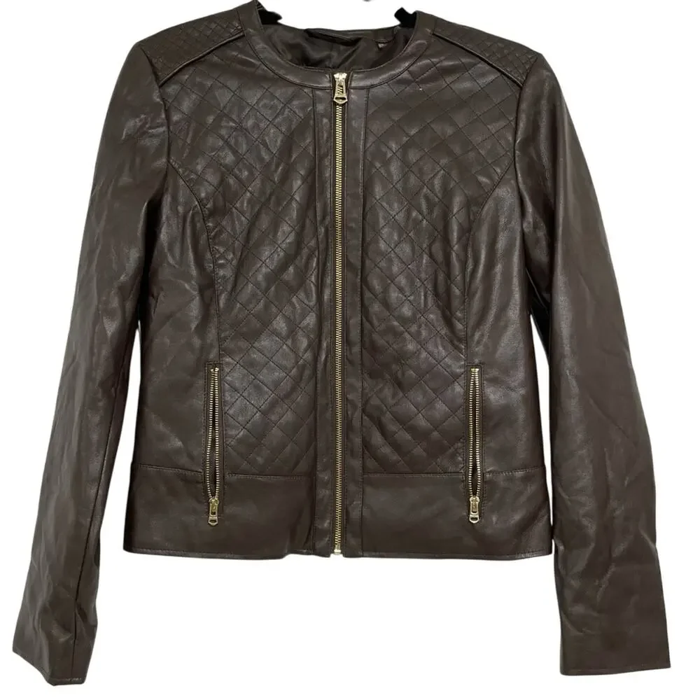 Cole Haan Brown Quilted Faux Leather Bomber Jacket Womans M Full Zip Classic